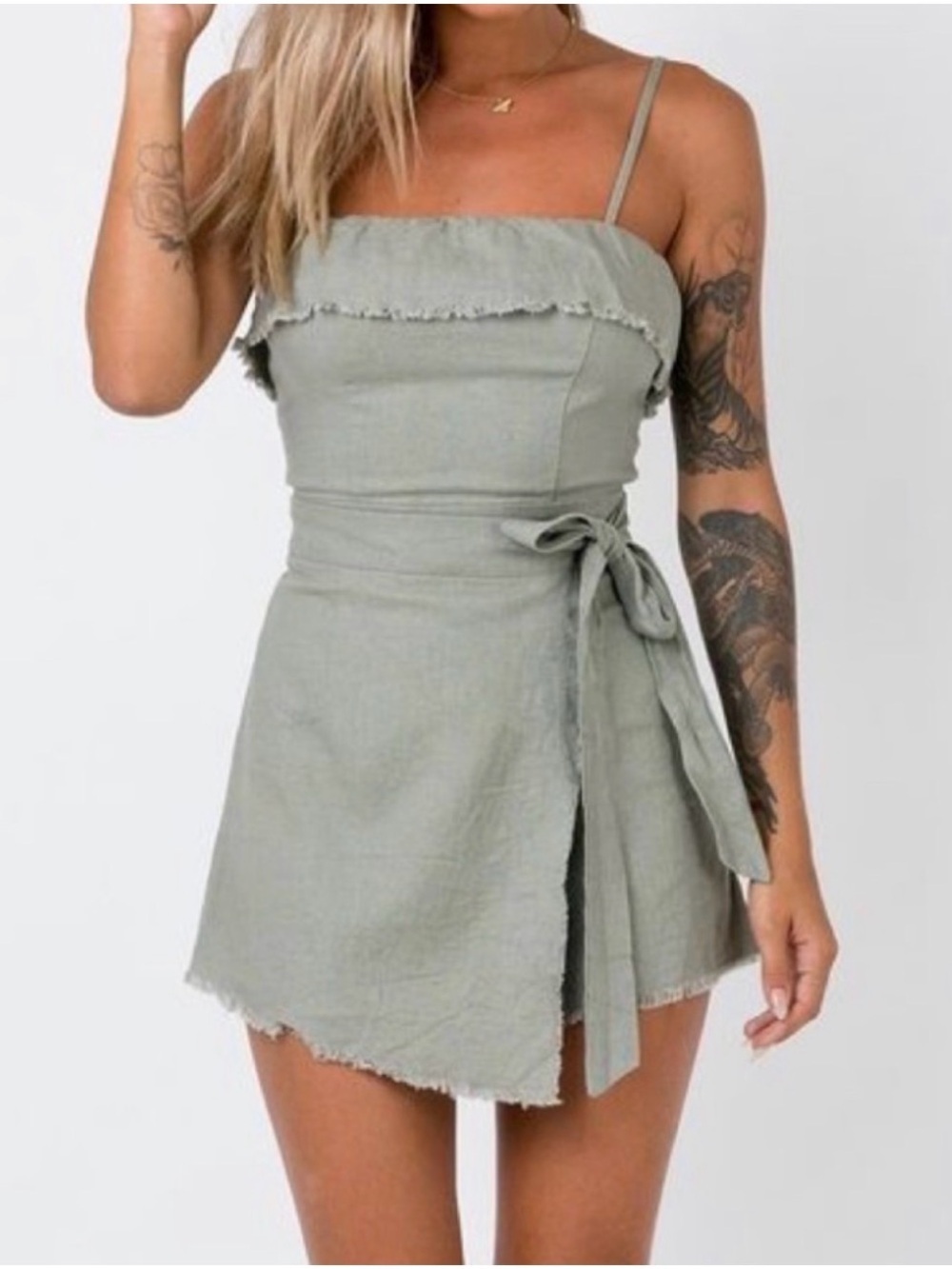 Princess Polly Playsuit Sage Green Linen Tie-Waist Strappy Skort Raw Edge Trim.